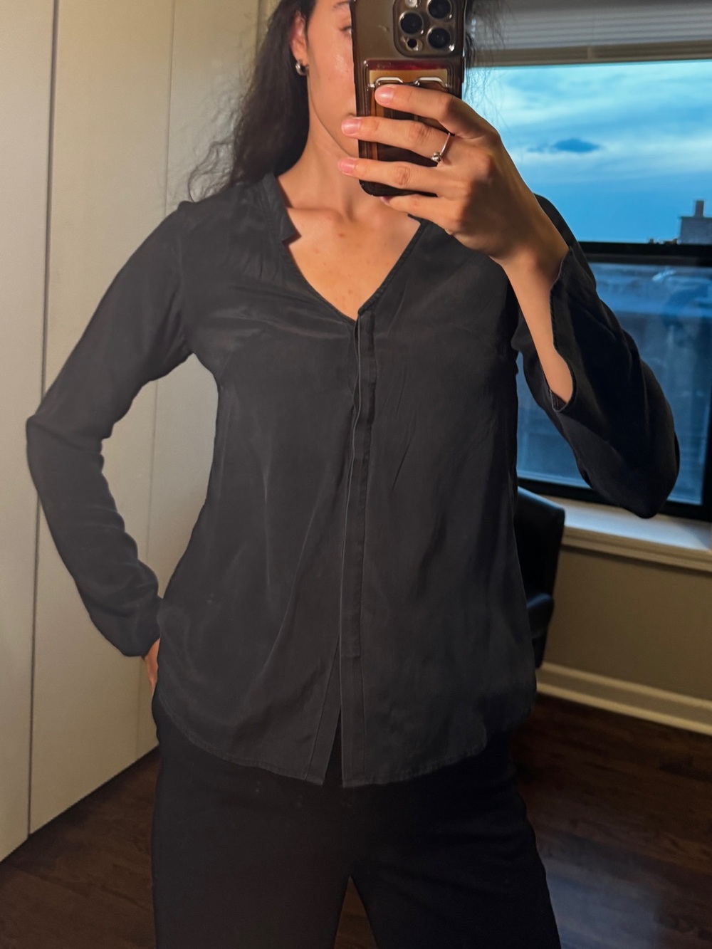 Vintage Black Silk V-Neck Blouse — Long Sleeve Button-Up, Minimalist Silk Top